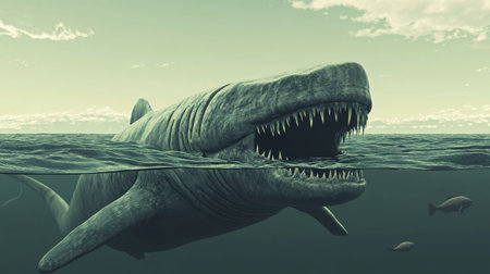 An awe-inspiring illustration of a massive prehistoric shark emerging from calm waters, showcasing its impressive jaws and sharp teeth against a cloudy backdrop.の素材