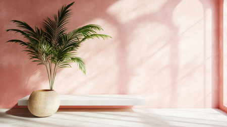 A serene interior featuring a lush green plant in a beige pot set against a soft pink wall, illuminated by gentle sunlight casting beautiful shadows.の素材