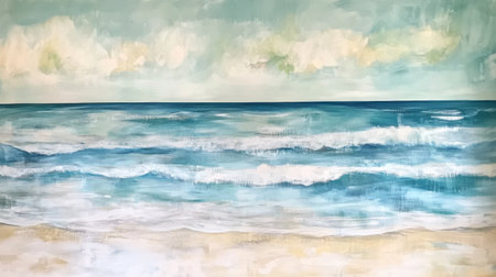 This serene coastal painting showcases gentle waves under a soft blue sky, embodying tranquility and perfect for evoking a sense of peace and escape.の素材