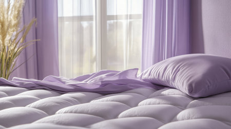 This serene bedroom scene features soft purple bedding and a fluffy pillow, complemented by light drapes near a sunny window, creating a cozy and inviting space.の素材