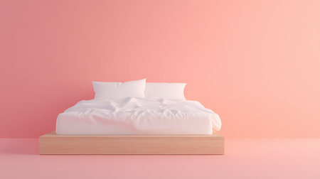 A serene minimalist bedroom featuring a cozy bed adorned with soft pillows against a calming pink wall, exemplifying modern design and tranquility.の素材