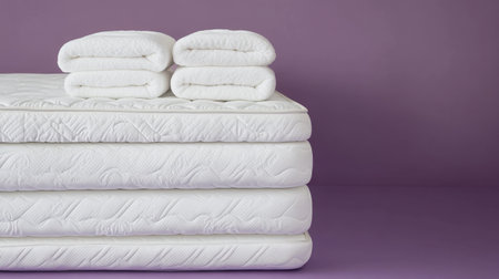 A cozy arrangement featuring a stacked plush white mattress with neatly rolled towels set against a soft purple backdrop, ideal for home decor inspiration.の素材