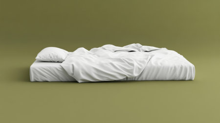 This image features a white bed with crumpled bedding, set against an olive green background, evoking feelings of relaxation and comfort. The minimalist design highlights simplicity and modern aesthetics, ideal for interior decor themes.の素材
