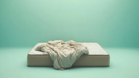 A serene and minimalistic image featuring a soft mattress draped with a cozy blanket, set against a soothing mint green background, perfect for representing comfort and relaxation.の素材