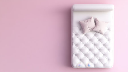 This image features an elegant white bed adorned with plush pillows, set against a soft pink background, perfect for cozy bedroom designs and interior inspiration.の素材