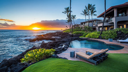 A stunning seaside villa featuring an infinity pool at sunset, surrounded by lush greenery and palm trees, perfect for luxurious relaxation in nature.の素材