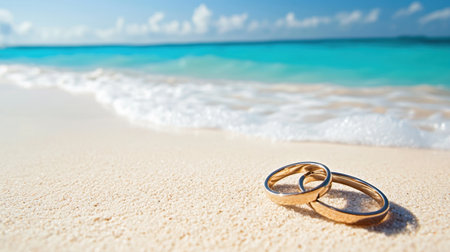 Two elegant wedding rings lie on a sandy beach, with gentle waves lapping at the shore and a stunning turquoise ocean in the background.の素材