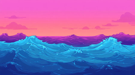 A vibrant abstract depiction of ocean waves under a colorful pink and blue sky at dusk, capturing the dynamic beauty of nature and tranquility.の素材