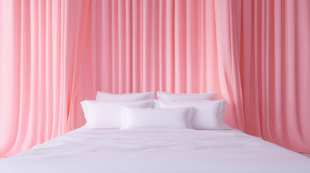 This stylish bedroom features soft pink curtains and pristine white bedding, creating a serene atmosphere perfect for relaxation and comfort in home decor.の素材