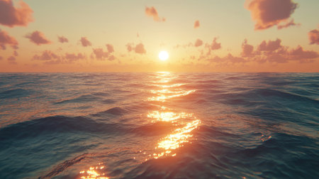 Experience the tranquility of a serene ocean sunset, showcasing gentle waves and colorful clouds reflecting in calm waters during golden hour.の素材