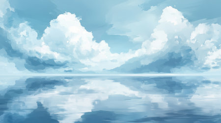 A breathtaking view capturing fluffy clouds reflecting on the surface of calm water under a serene blue sky, creating a peaceful and atmospheric landscape.の素材