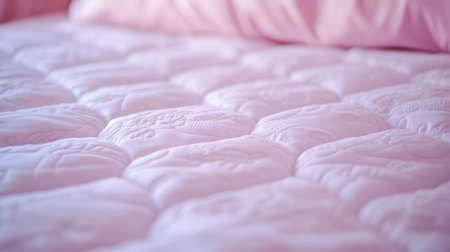 This image showcases a close-up view of a soft pink mattress surface adorned with intricate embossed designs, capturing an inviting atmosphere of comfort and relaxation.の素材