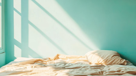 A serene view of an unmade bed bathed in soft morning light. The light blue wall enhances the cozy atmosphere, inviting relaxation and tranquility.の素材