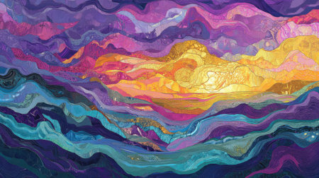 An enchanting abstract landscape featuring vibrant colors and dreamy clouds that create a serene atmosphere. This digital artwork captures the beauty of nature at sunset, blending hues of purple, gold, and blue.の素材