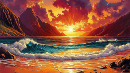 Experience the breathtaking beauty of a vibrant sunset over calm ocean waves, framed by majestic mountains in a serene beach landscape.の素材
