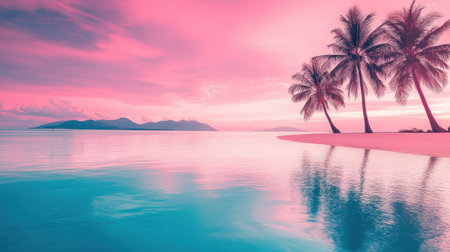 A breathtaking tropical beach scene featuring tall palm trees silhouetted against a vibrant sunrise sky, reflecting beautifully on calm waters. Perfect for relaxation and inspiration.の素材