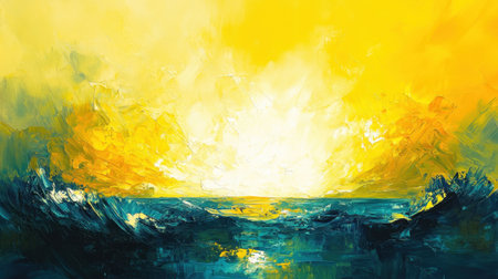 This vibrant abstract painting captures the essence of a sunset over ocean waves with a brilliant yellow sky, creating a serene and warm atmosphere.の素材