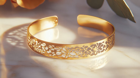 Stunning gold bracelet featuring a delicate floral cutout design, resting on a soft marble surface. The piece exemplifies elegance and craftsmanship.の素材