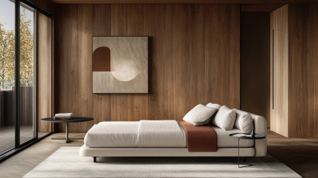 This image showcases a modern bedroom featuring minimalist design elements, ample natural light, and stylish furniture that creates a serene atmosphere.の素材