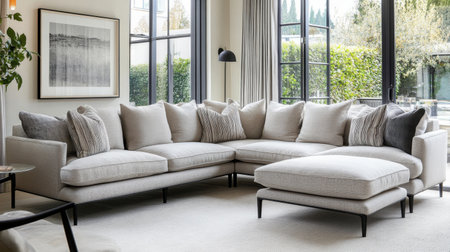 A modern living room featuring a light gray sectional sofa adorned with plush pillows, bathed in natural light from large windows, offering a cozy and inviting atmosphere.の素材