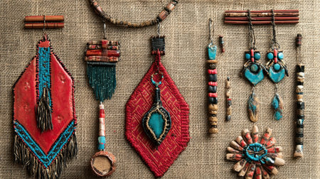 Explore a vibrant collection of handcrafted jewelry artfully displayed against a natural fabric background, showcasing unique designs and rich textures.の素材