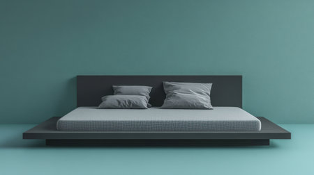 A sleek, modern bed featuring grey pillows rests against a serene teal wall, embodying minimalist design for a stylish and inviting bedroom atmosphere.の素材