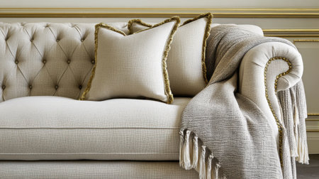 This image showcases a chic cream tufted sofa adorned with stylish decorative pillows and a soft throw blanket, perfect for enhancing any living space's elegance.の素材