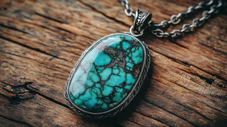 This captivating turquoise pendant necklace features intricate silver detailing, beautifully showcased against a rustic wooden backdrop, perfect for jewelry lovers.の素材