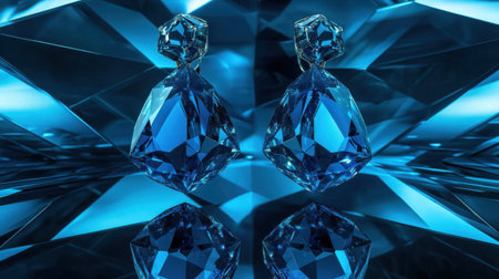A stunning pair of elegant blue crystal earrings showcased on a reflective surface, surrounded by striking geometric patterns and vibrant hues that capture light.の素材