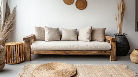 A beautifully arranged living space showcasing a natural wooden sofa with plush cushions, accented by woven baskets and decorative plants, exuding warmth.の素材