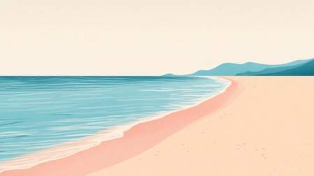 A tranquil beach landscape showcasing soft waves lapping at the gentle sandy shore under a clear sky. This serene scene invites relaxation and escape.の素材