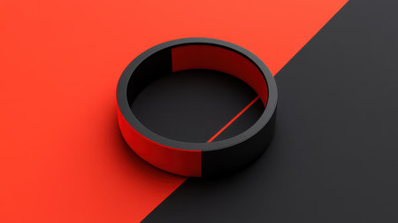 This abstract image showcases a circular shape on a dynamic color blocked background, featuring striking red and black hues. Perfect for modern design themes.の素材