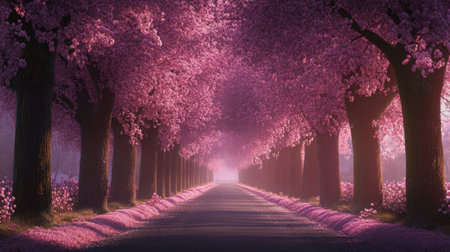 A picturesque pathway lined with blooming cherry blossom trees creates a dreamlike atmosphere, inviting tranquility and exploration in nature's beauty.の素材