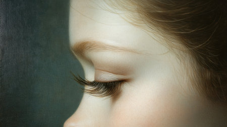 This captivating close-up image features a child's profile, emphasizing long eyelashes and delicate facial features set against a soft background, evoking innocence and serenity.の素材