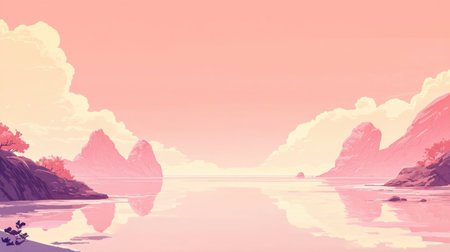 A stunning digital illustration of a tranquil lake at dusk, featuring a soft pink sky and gentle reflections, creating a peaceful and serene atmosphere.の素材