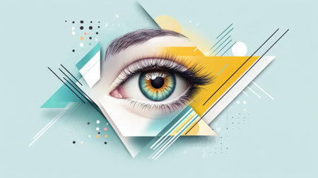 This vibrant abstract illustration features an eye surrounded by geometric shapes and soft colors, creating a modern and visually appealing design.の素材