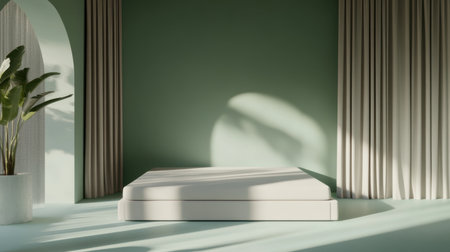 This minimalist bedroom features a serene design with soft green walls, natural light, and a simple bed. Ideal for showcasing modern decor and tranquility.の素材