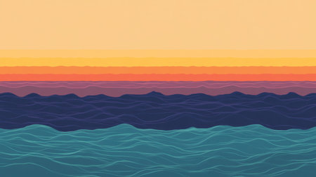 A serene illustration of calm ocean waves at sunset, showcasing vibrant gradients of warm and cool colors across the horizon. Perfect for relaxation and design.の素材