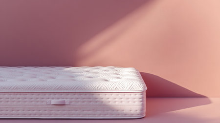 A soft pink mattress rests elegantly against a pastel wall, illuminated by gentle natural light, casting delicate shadows and evoking a serene bedroom ambiance.の素材
