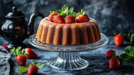A beautifully arranged strawberry cake on a glass stand, garnished with fresh mint leaves, creating an elegant dessert presentation perfect for any occasion.の素材