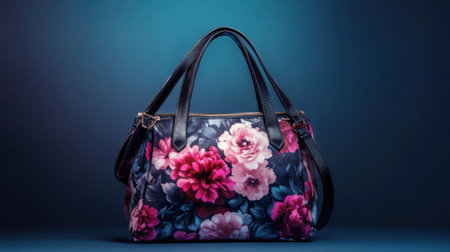 A stunning floral handbag featuring a vibrant design against a dark background, perfect for showcasing fashion trends and accessory collections.の素材