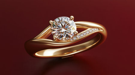 This stunning gold ring features a brilliant round diamond centerpiece flanked by accent stones, showcased on a rich red background, highlighting its elegance.の素材