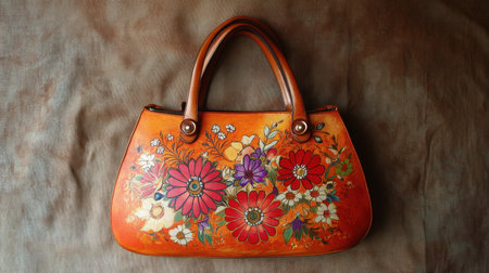 This stunning handcrafted leather bag features a vibrant floral design with colorful flowers on an orange background, perfect for any stylish occasion.の素材