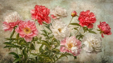 A stunning display of vibrant peonies in various shades, showcasing their intricate petals and lush greenery, perfect for floral art inspiration.の素材