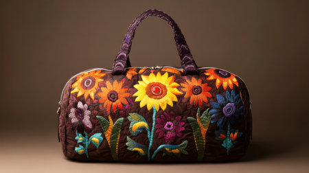 This vibrant bag features intricate floral embroidery with stunning sunflowers, showcasing exceptional craftsmanship and artistic design, perfect for fashionistas.の素材