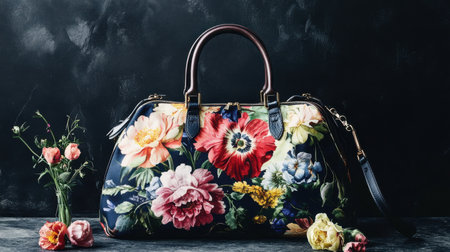 A stunning vintage floral handbag features an array of vibrant flowers set against a dramatic dark background, perfect for fashion and accessory projects.の素材