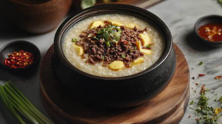 A tantalizing bowl of beef congee garnished with fresh green onions and served with a spicy sauce, perfect for any meal and comforting for the soul.の素材