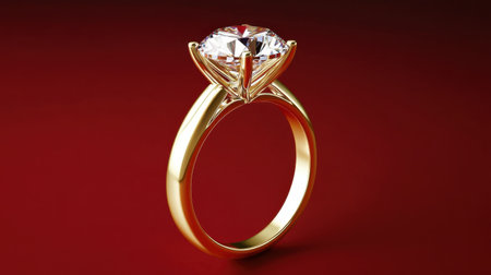 This stunning gold engagement ring features a brilliant diamond set against a rich red background, symbolizing love and commitment in an elegant design.の素材