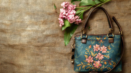 This image showcases an elegant floral handbag complemented by fresh pink flowers set on a rustic burlap background, perfect for fashion and lifestyle themes.の素材