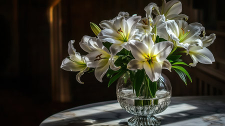 A beautiful arrangement of fresh white lilies displayed in a crystal vase on a marble table, illuminated by soft lighting, creating an elegant and tranquil atmosphere.の素材